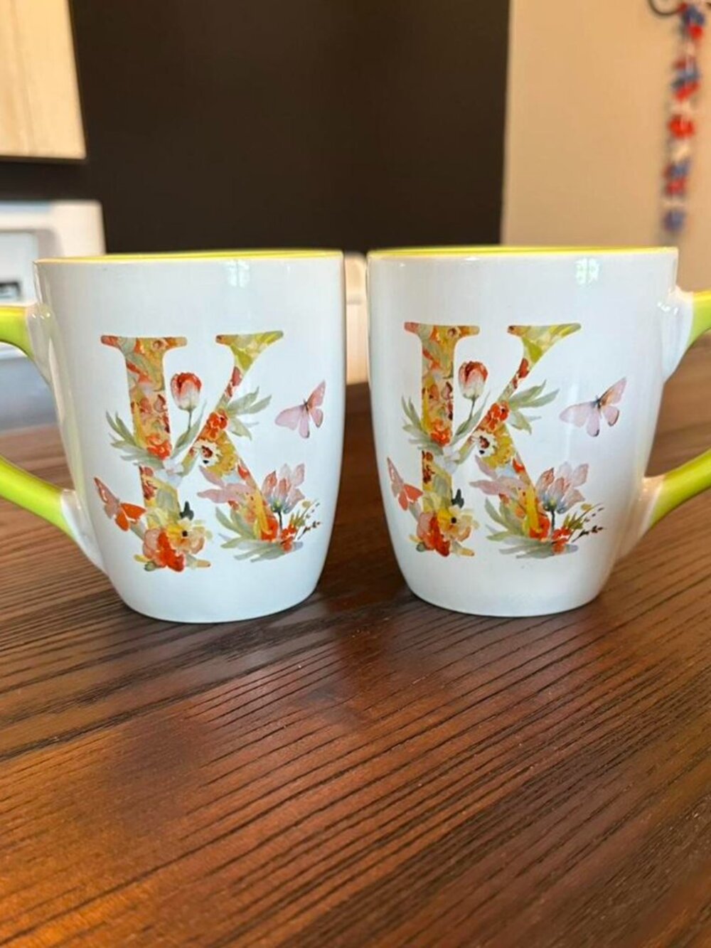 Set of 2 Large, Floral Fairycore/Cottagecore Monogrammed “K” Coffee Mugs.